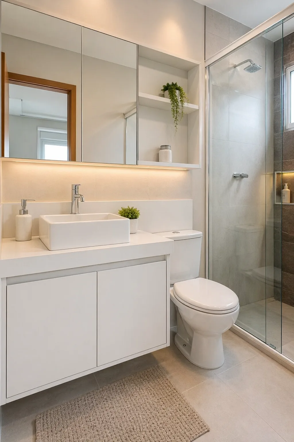 Banheiro com gabinete em MDF branco de visual claro e funcional