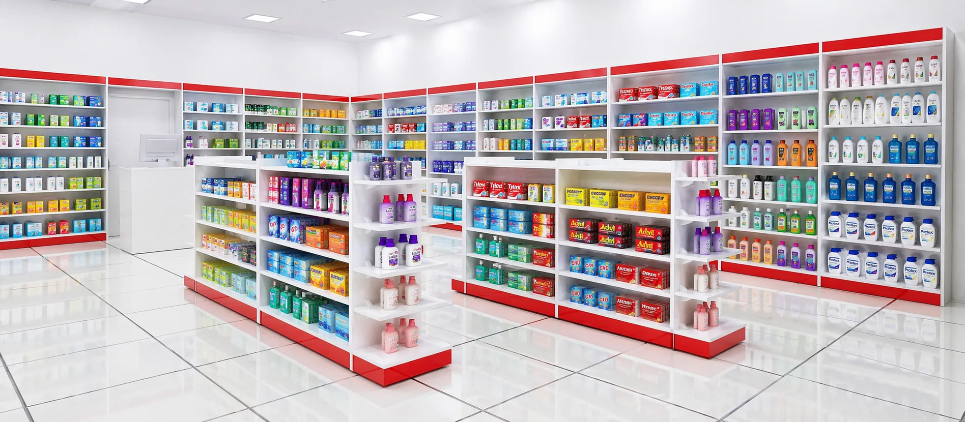 Móveis para farmácias com balcões e gôndolas em MDF Tempercom