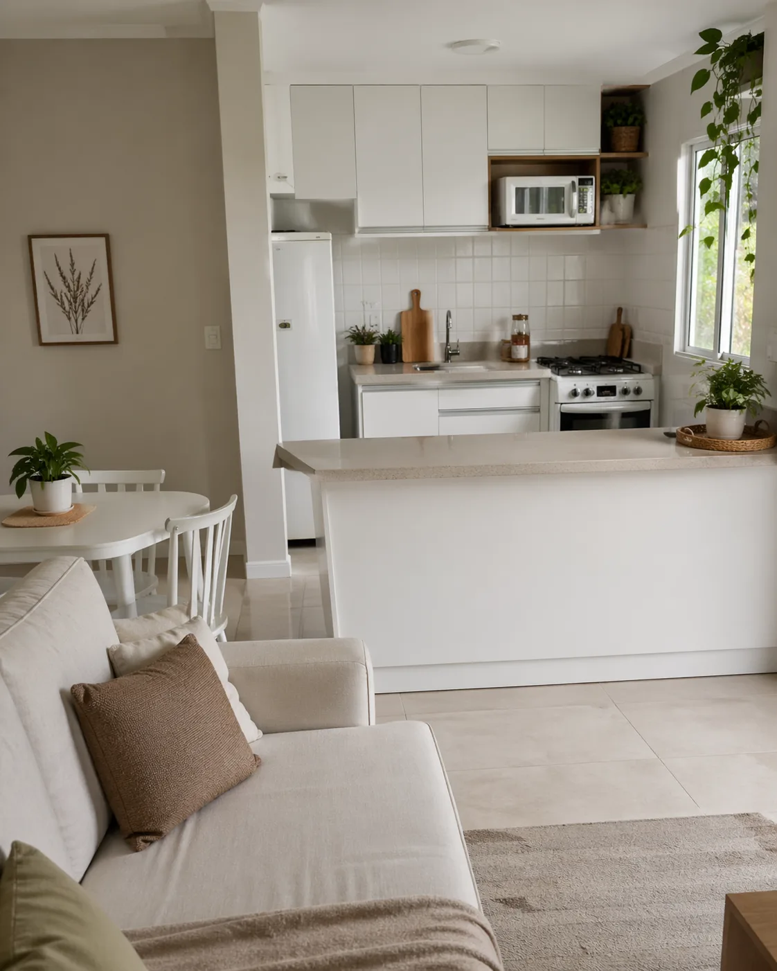 Cozinha e lavanderia com armários em MDF branco