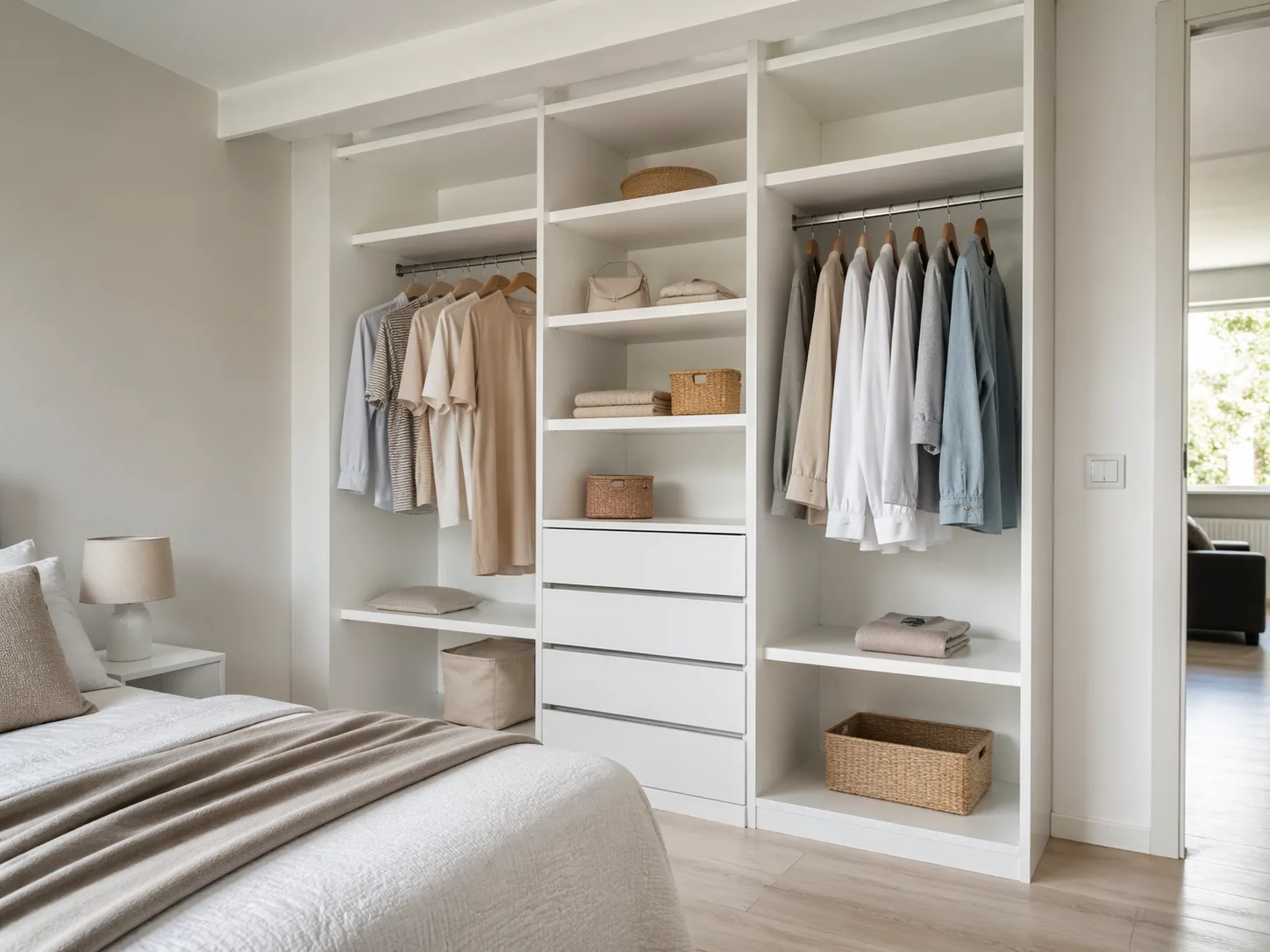 Quarto com guarda-roupa em MDF branco, visual claro e organizado