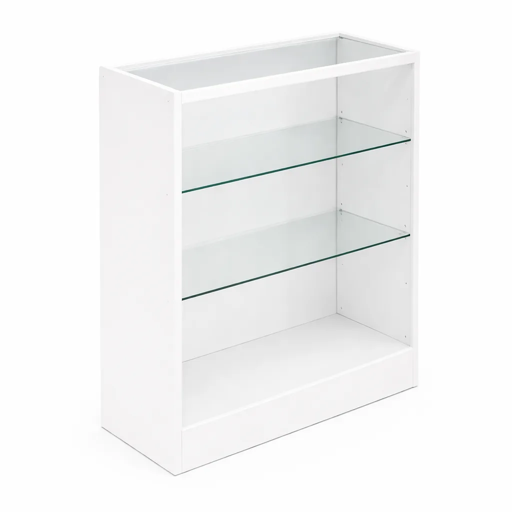 Balcão Vitrine em MDF Branco com Tampo e Frente de Vidro