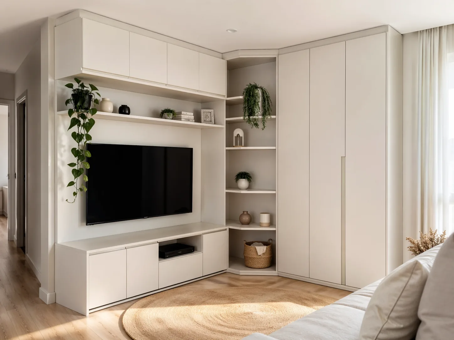 Sala e quarto com móveis em MDF branco