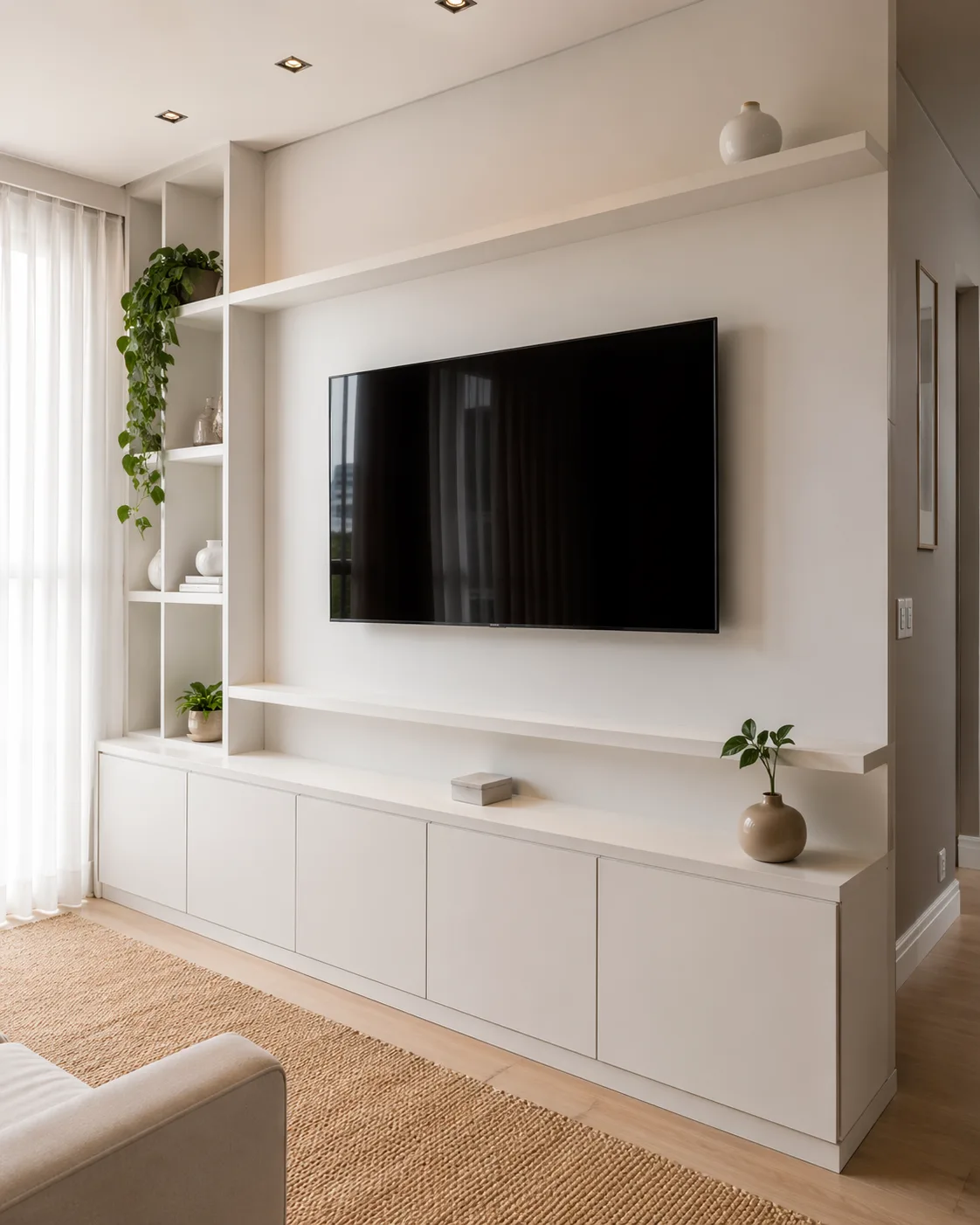Sala com rack e aparador em MDF branco, visual claro e moderno