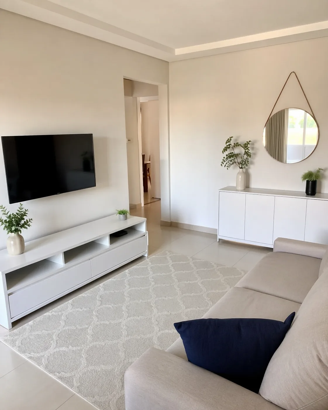 Rack para TV em MDF branco na sala