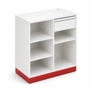 Balcão caixa para farmácia 90x100x45cm branco com base vermelha