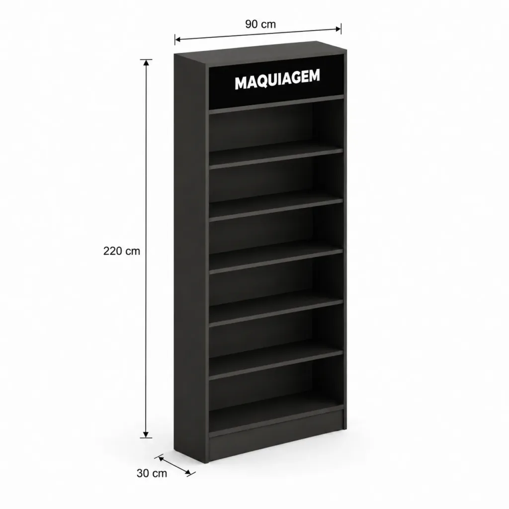 Expositor de Maquiagem para Farmácia 90 cm com Prateleiras de Vidro e LED