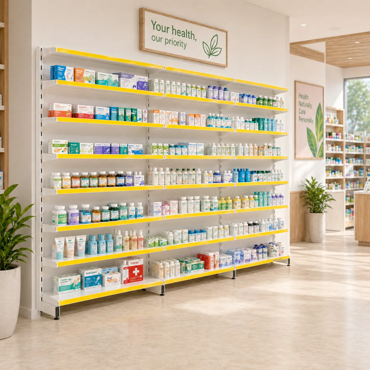 Prateleiras para medicamentos em ambiente de farmácia