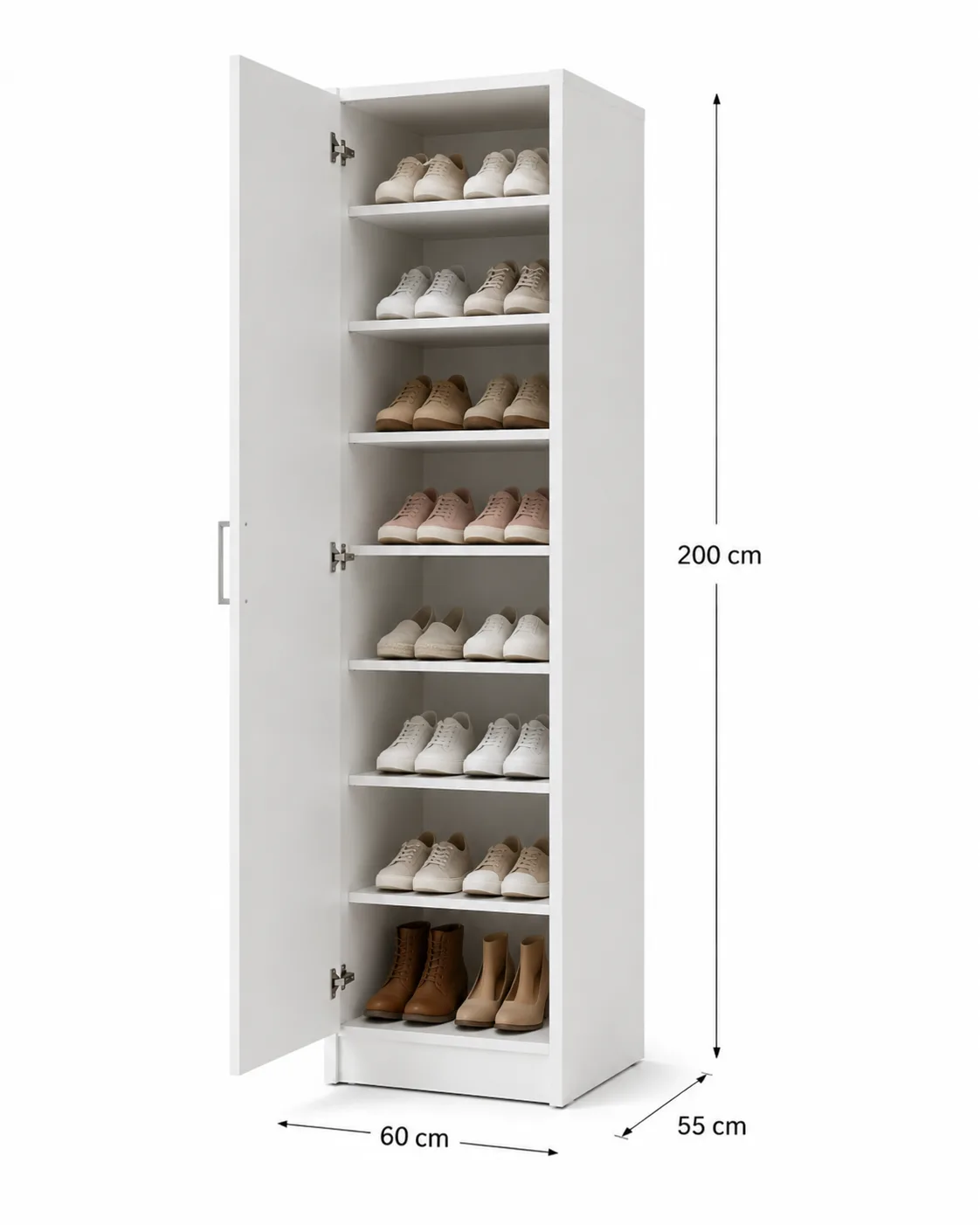 Sapateira branca 1 porta em MDF com prateleiras internas para calçados 60x200x55 cm