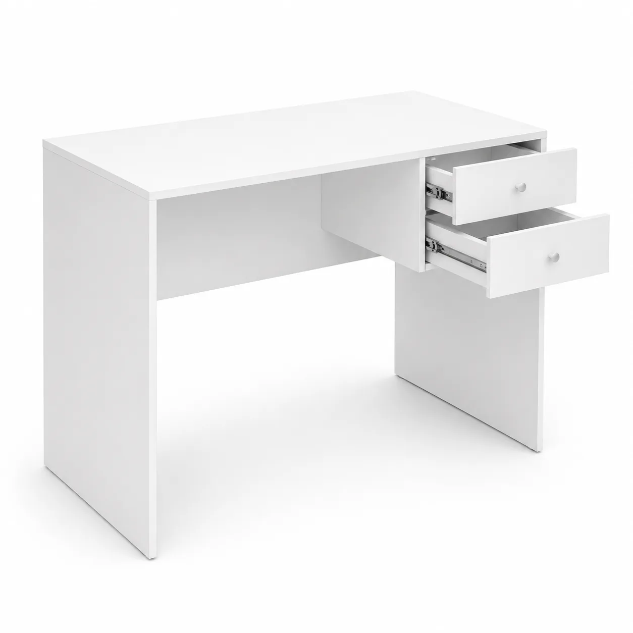 Mesa de escritório branca com 2 gavetas abertas