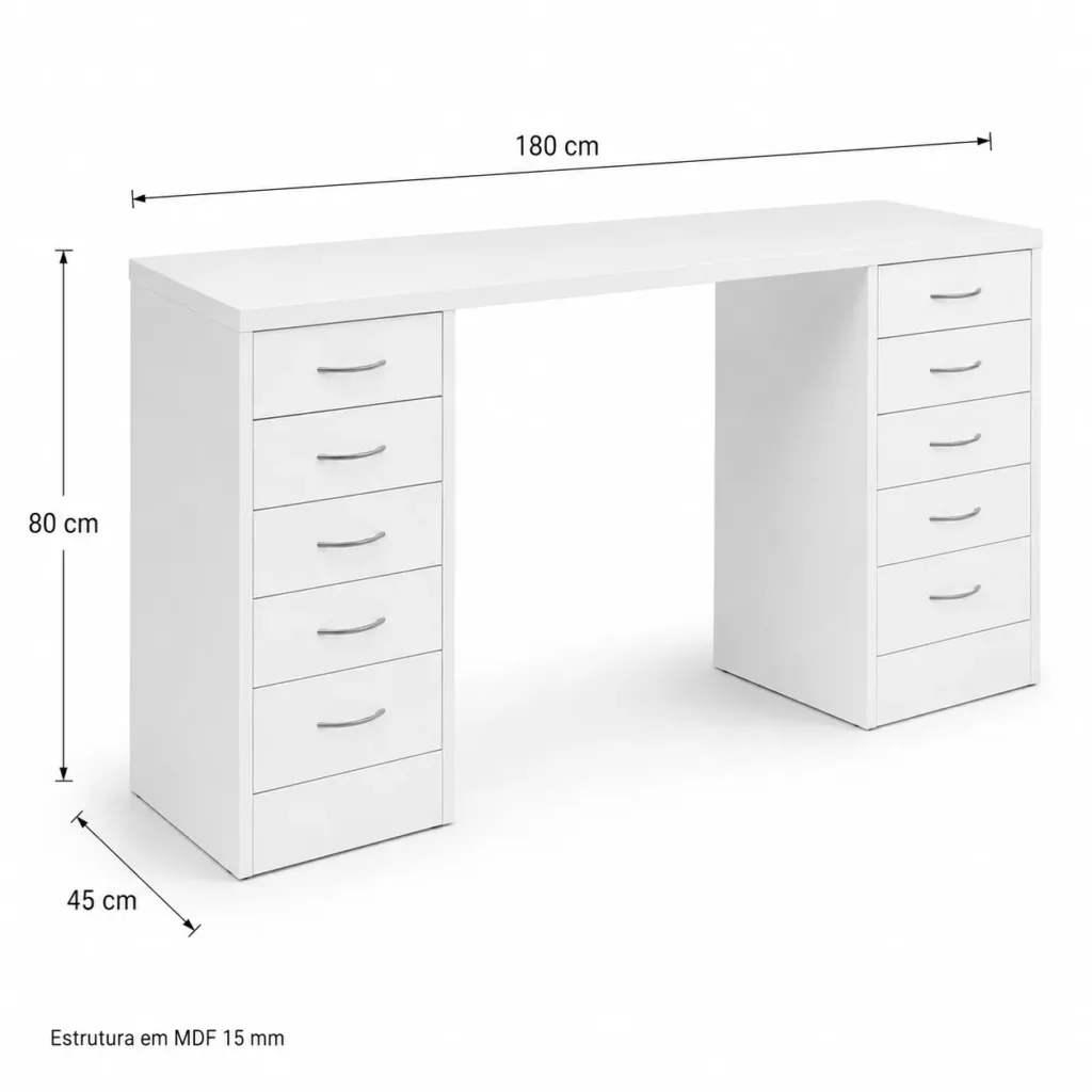 Mesa Profissional para Manicure com 10 Gavetas em MDF Branco 180 cm