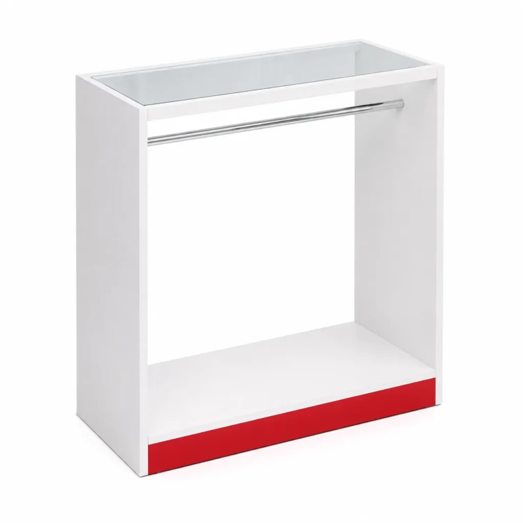 Arara para Loja 90 cm com Tampo de Vidro em MDF Branco e Vermelho