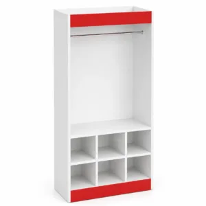 Arara para loja de roupas com cabideiro superior e nichos inferiores em MDF branco e vermelho