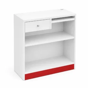 Balcão caixa para loja em MDF branco com detalhe vermelho, gaveta e bandeja para teclado