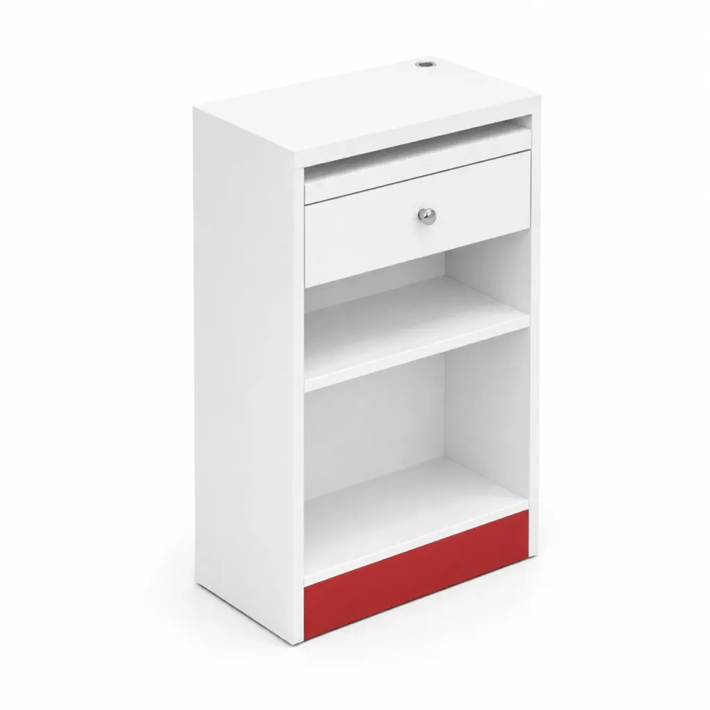 Balcão Caixa para Loja 60 cm com Gaveta e Passa-Fio em MDF Branco e Vermelho