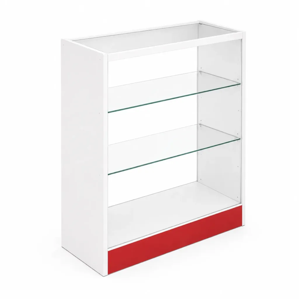 Balcão Expositor para Loja 90 cm com Vidro em MDF Branco e Vermelho