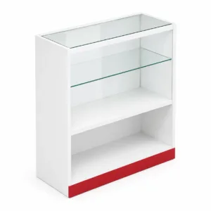 Balcão vitrine de vidro para loja em MDF branco com detalhe vermelho