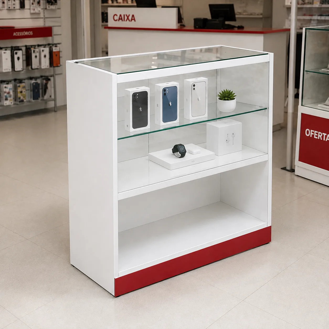 Balcão expositor de vidro para loja usado para celulares e acessórios