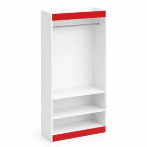 Expositor de roupas com cabideiro e prateleiras em MDF branco com detalhe vermelho