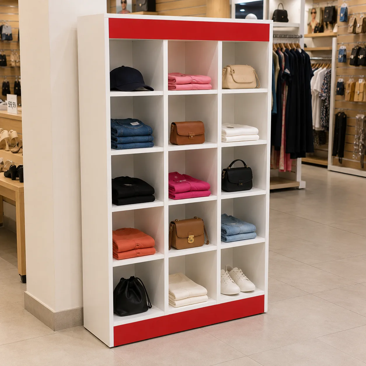 Expositor para loja de roupas com nichos para bolsas, calçados e acessórios