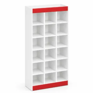 Expositor para loja 18 nichos em MDF branco com detalhe vermelho