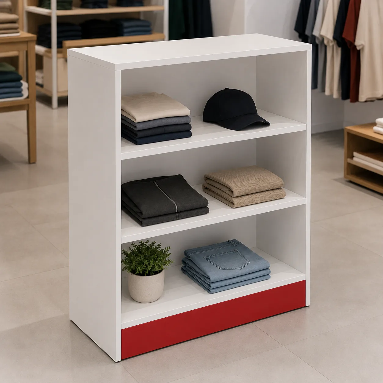 Expositor para Loja 90 cm com 3 Prateleiras em MDF Branco e Vermelho