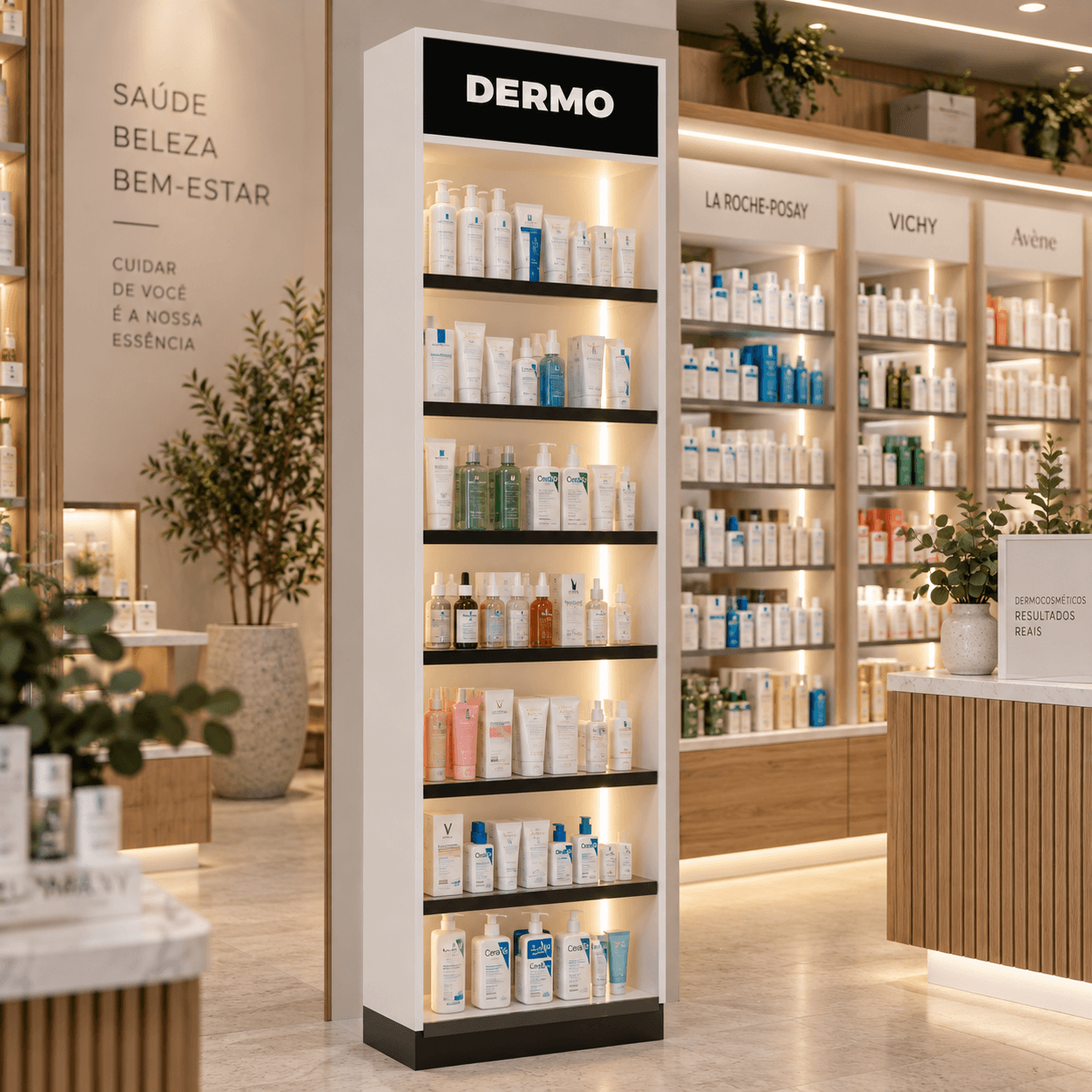 Expositor de Dermocosméticos para Farmácia com Prateleiras de Vidro e LED - vista 3