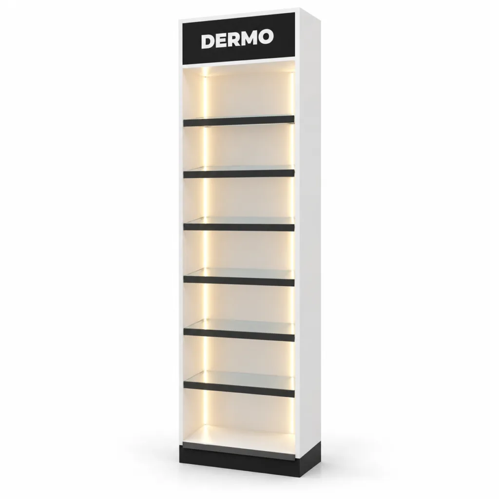 Expositor de Dermocosméticos para Farmácia com Prateleiras de Vidro e LED