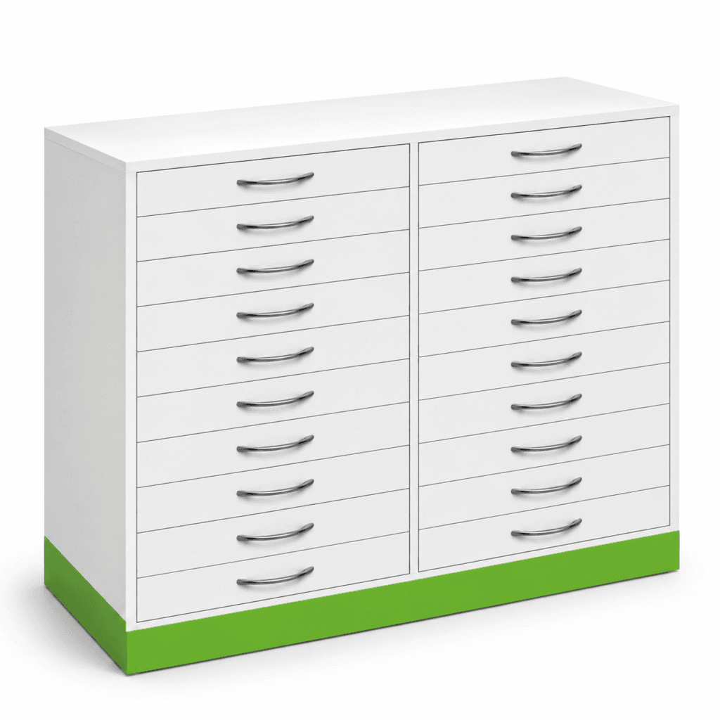 Gaveteiro para Ótica em MDF Branco com Base Verde 120 cm