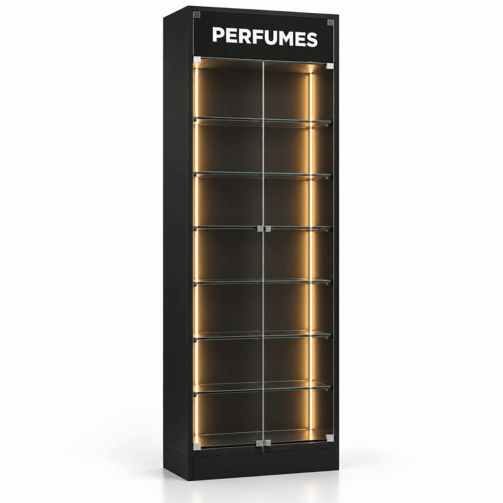 Expositor Profissional de Perfumes para Farmácia e Perfumaria com Vidro e LED 60 cm