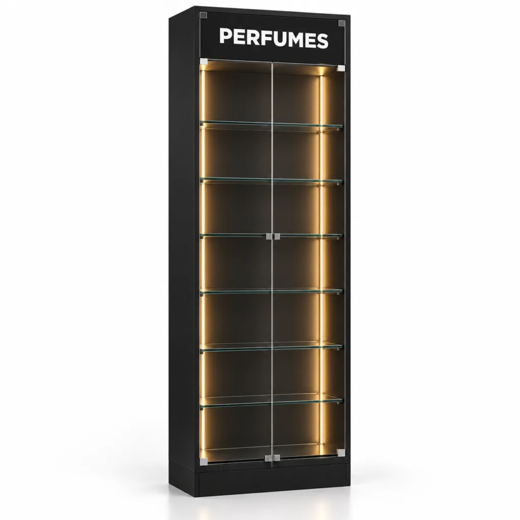 Expositor Profissional de Perfumes para Farmácia e Perfumaria com Vidro e LED 60 cm