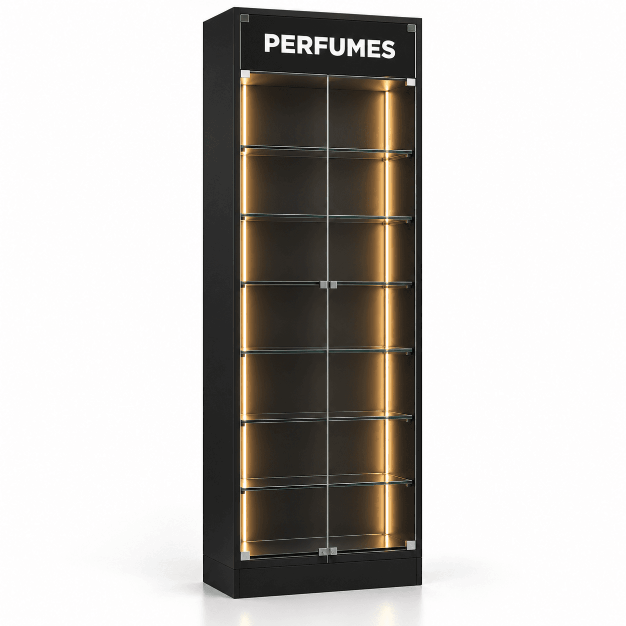 Expositor de perfumes em MDF preto com portas de vidro e LED para farmácia e loja