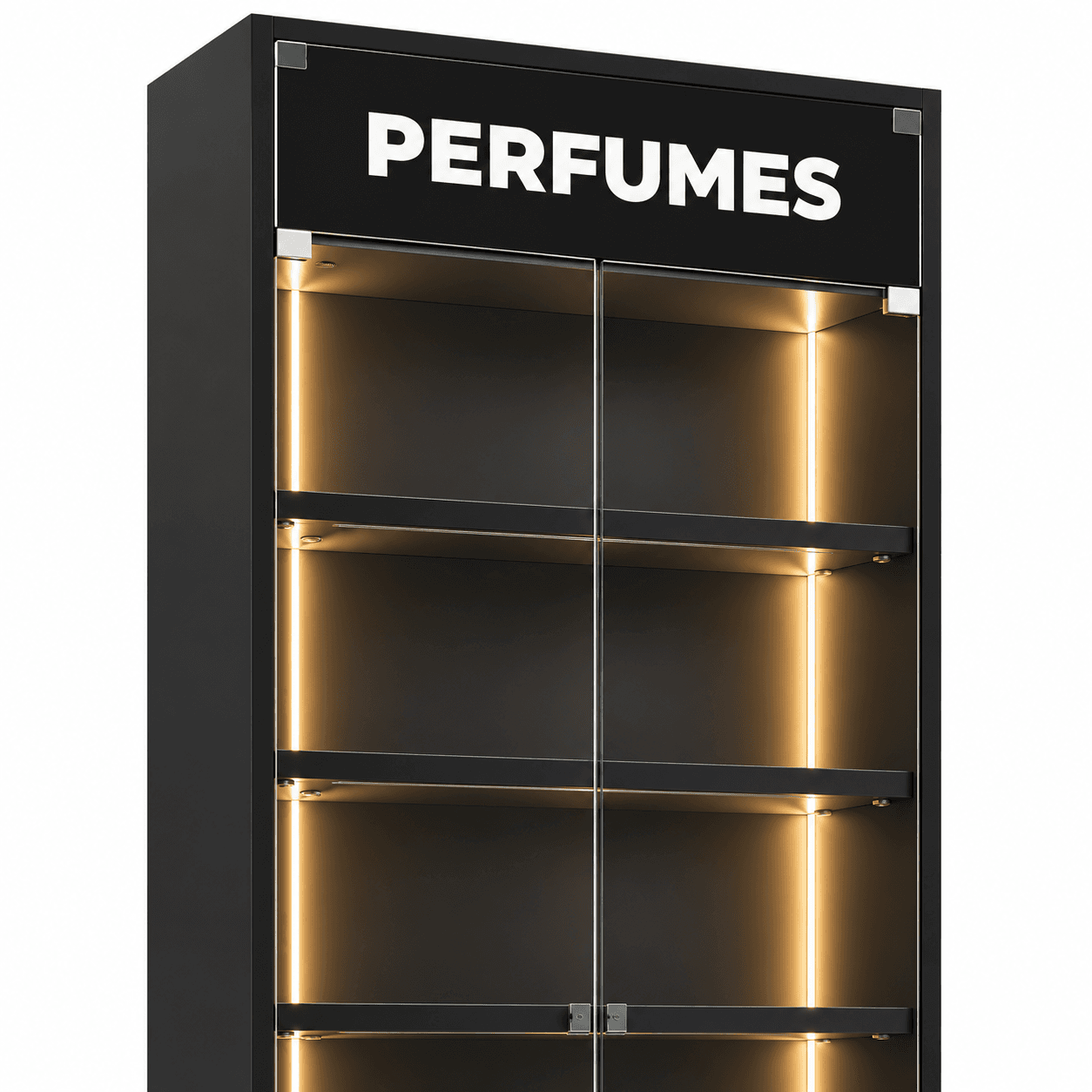 Expositor de perfumes em MDF preto com prateleiras internas de vidro