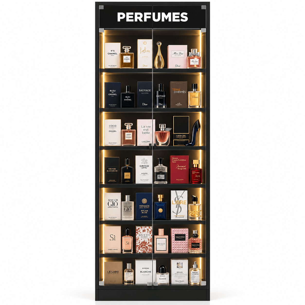 Expositor de perfumes preto com portas de vidro visto em outro ângulo