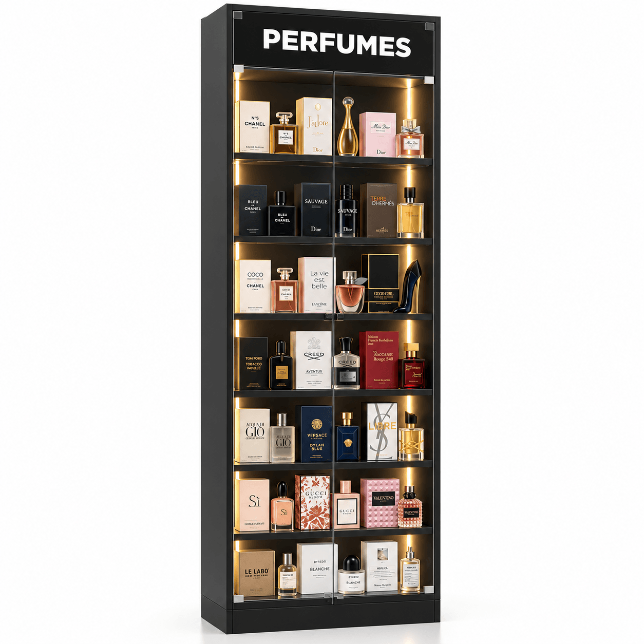 Expositor de perfumes com produtos expostos em prateleiras de vidro e iluminação LED