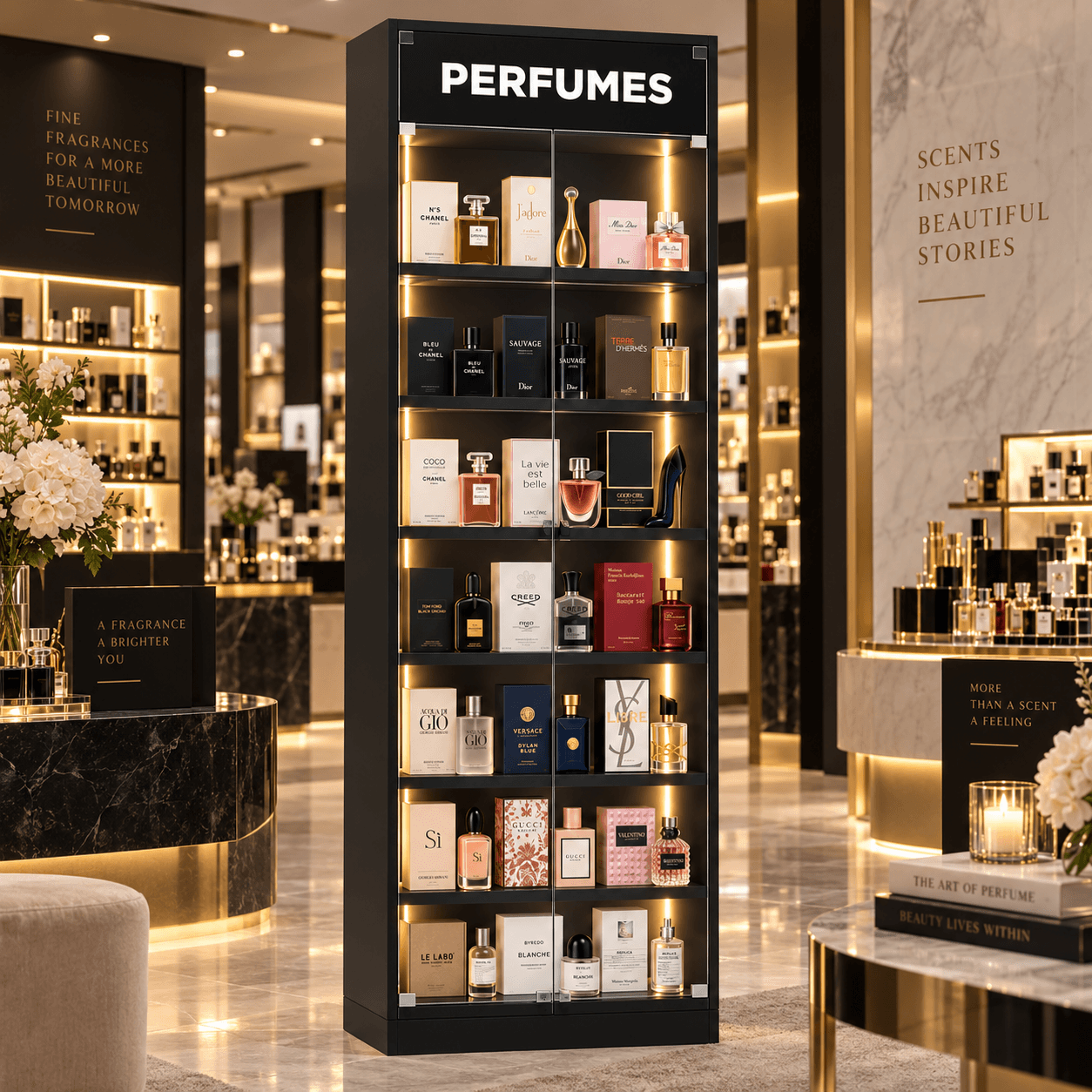 Expositor de perfumes em ambiente comercial para farmácia, perfumaria e loja