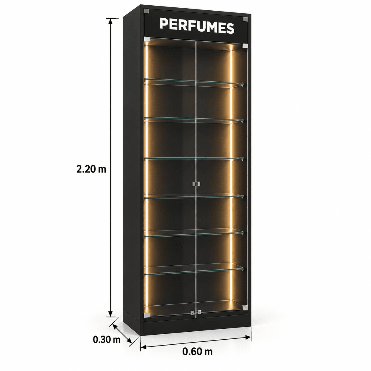 Expositor de perfumes 60 x 30 x 220 cm em MDF preto com LED