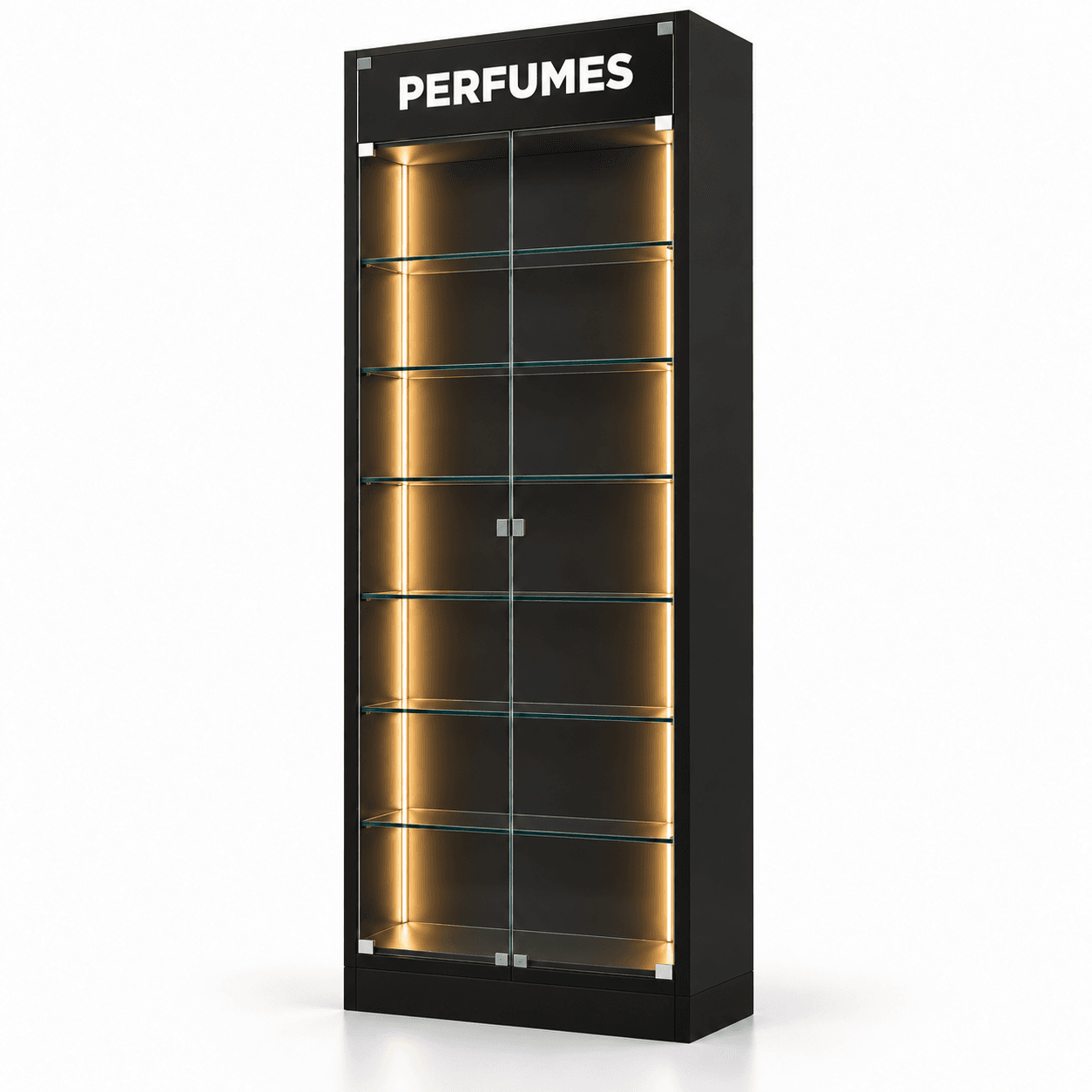 Expositor de perfumes com iluminação LED e estrutura em MDF preto