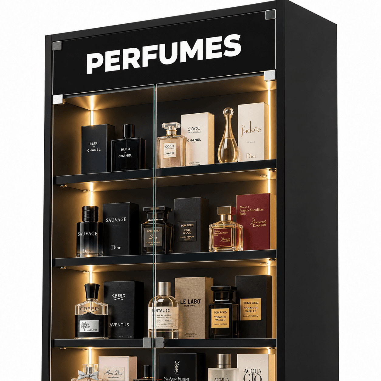 Expositor de perfumes para loja com portas e prateleiras de vidro