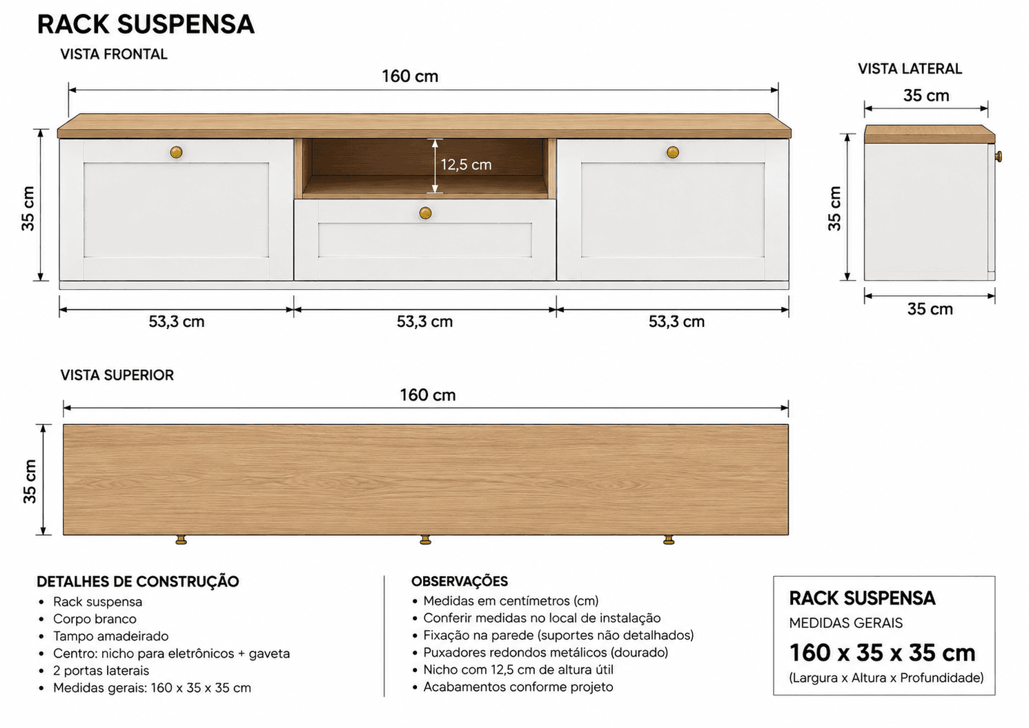 Desenho técnico da rack suspensa TEMPERCOM com medidas 160 x 35 x 35 cm