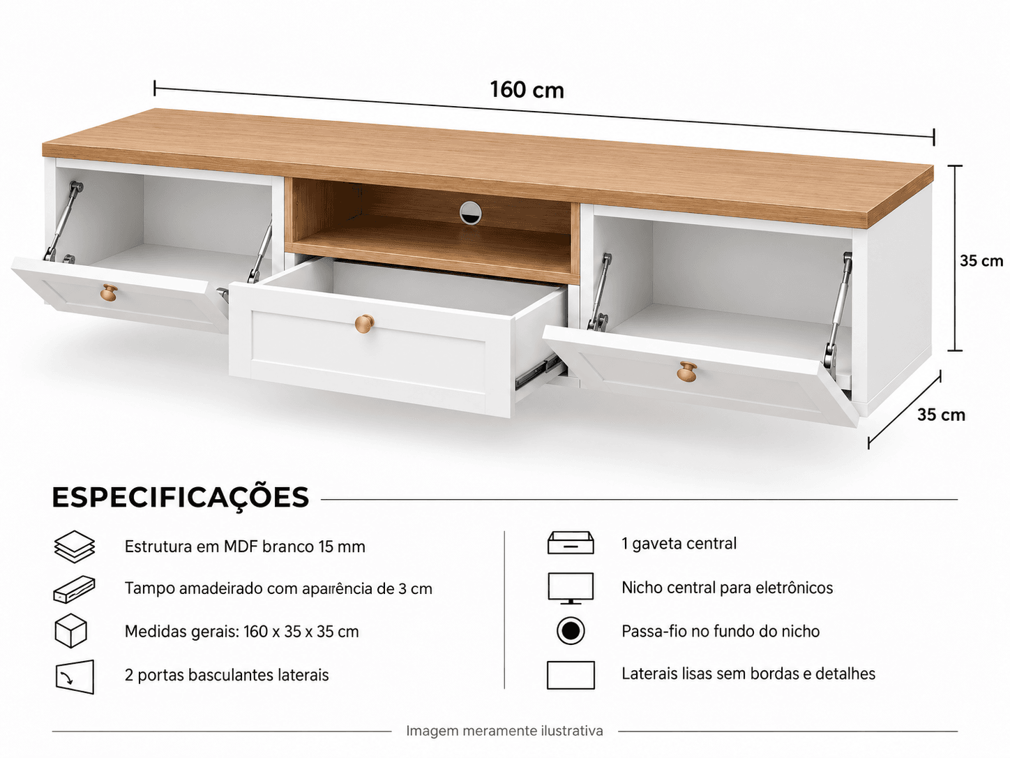 Rack suspensa TEMPERCOM 160 x 35 x 35 cm com duas portas basculantes, gaveta central e nicho para eletrônicos